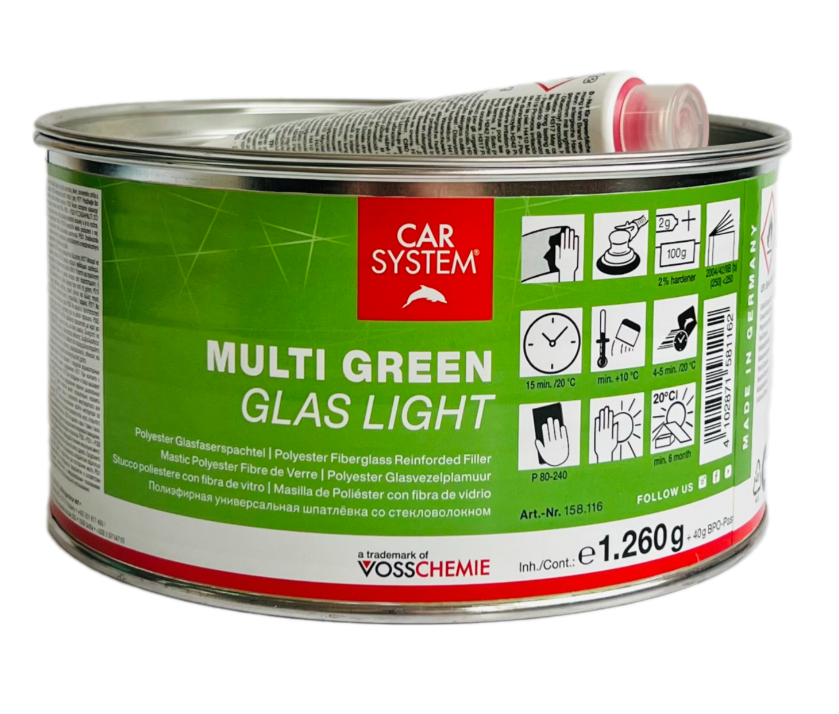 Шпатлевка 2К полиэфирная со стекловолокном MULTI GREEN GLAS LIGHT, зеленая (1.3кг)